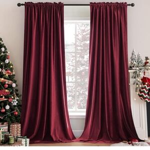 Burgundy Velvet Curtains Thermal Insulated Blackout Curtain Christmas Drapes for